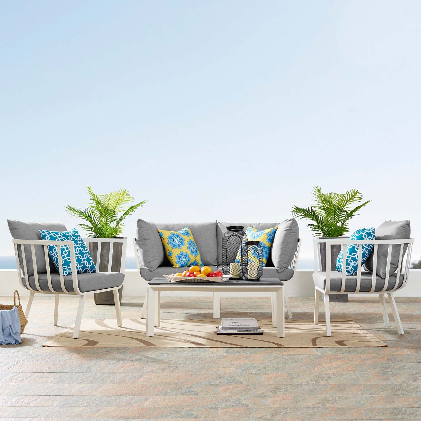 Stylish Riverside 5 Piece Outdoor Patio Aluminum Loveseat Set with Comfortable Plush Cushions for Memorable Gatherings