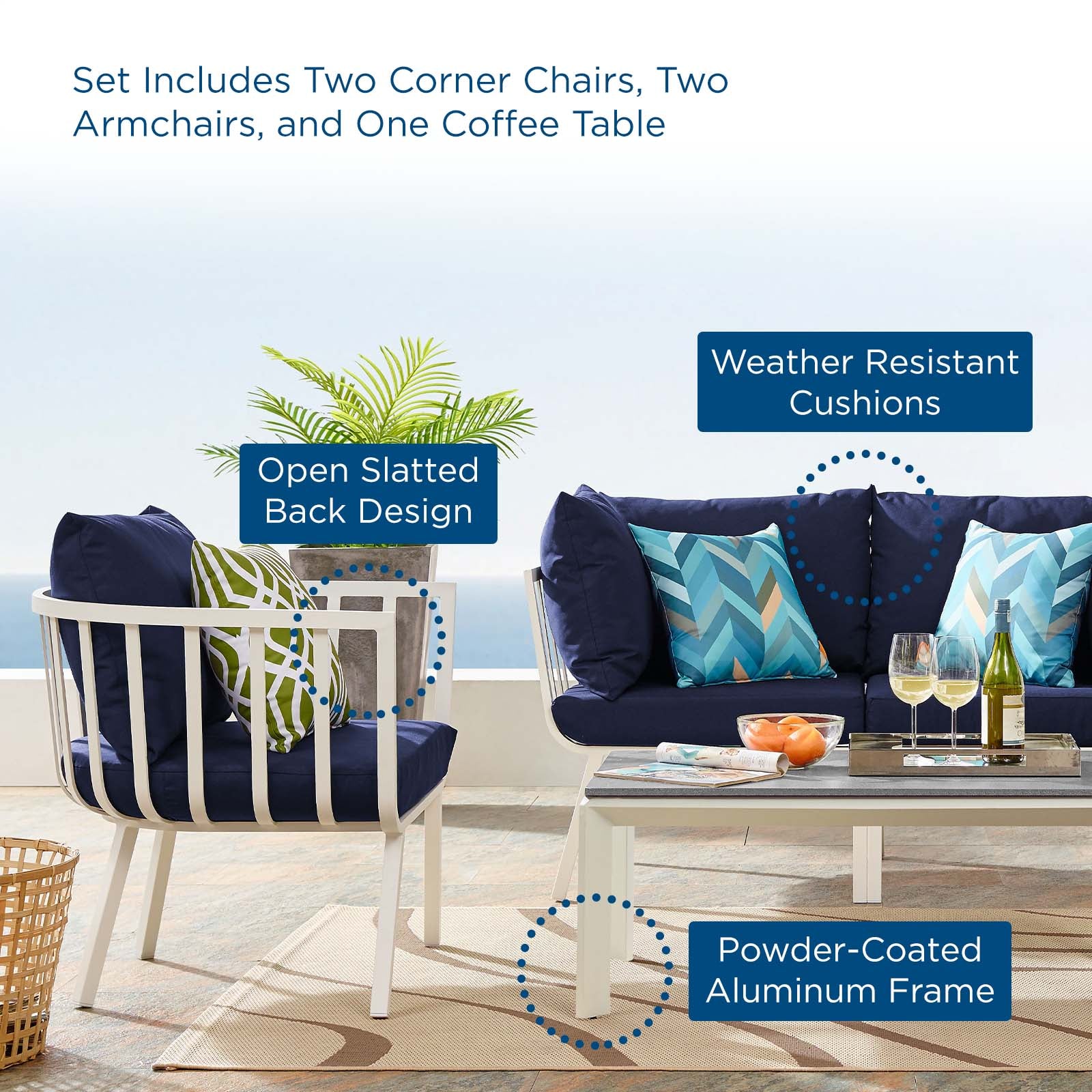 Stylish Riverside 5 Piece Outdoor Patio Aluminum Loveseat Set with Comfortable Plush Cushions for Memorable Gatherings
