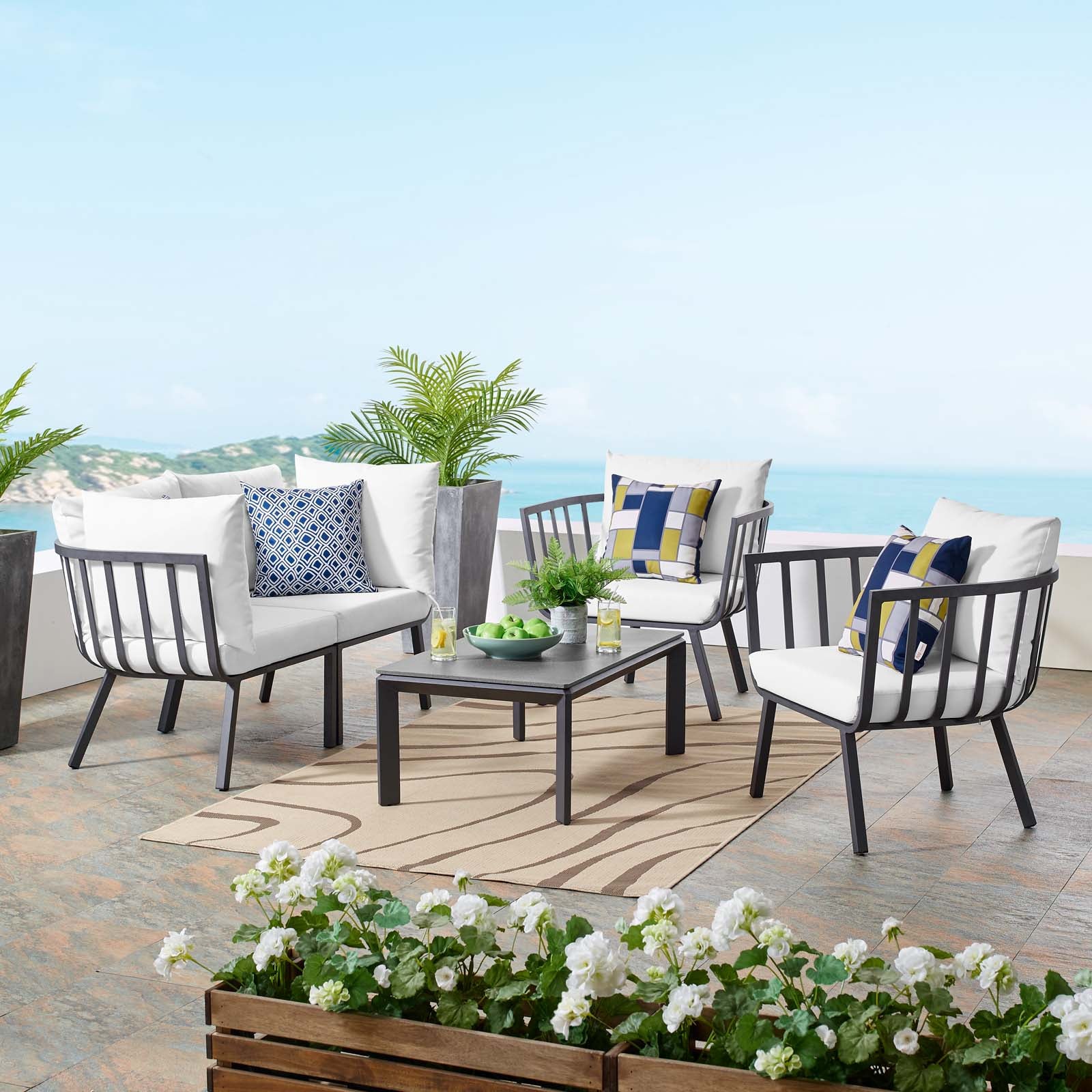 Stylish Riverside 5 Piece Outdoor Patio Aluminum Loveseat Set with Comfortable Plush Cushions for Memorable Gatherings