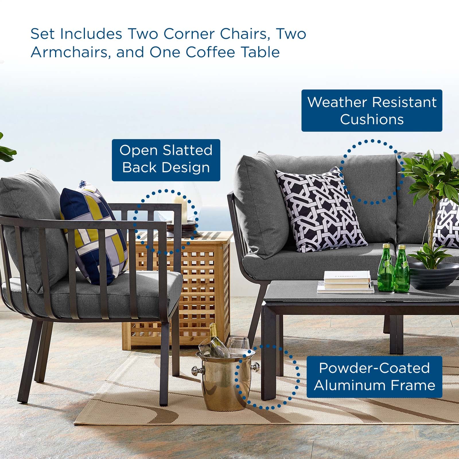 Stylish Riverside 5 Piece Outdoor Patio Aluminum Loveseat Set with Comfortable Plush Cushions for Memorable Gatherings