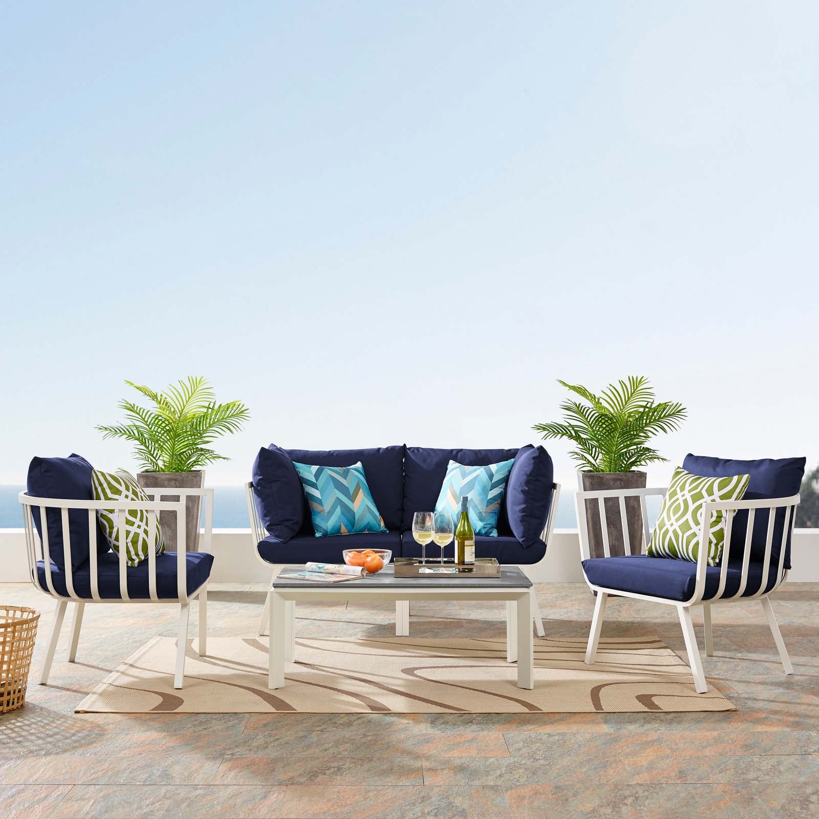 Stylish Riverside 5 Piece Outdoor Patio Aluminum Loveseat Set with Comfortable Plush Cushions for Memorable Gatherings