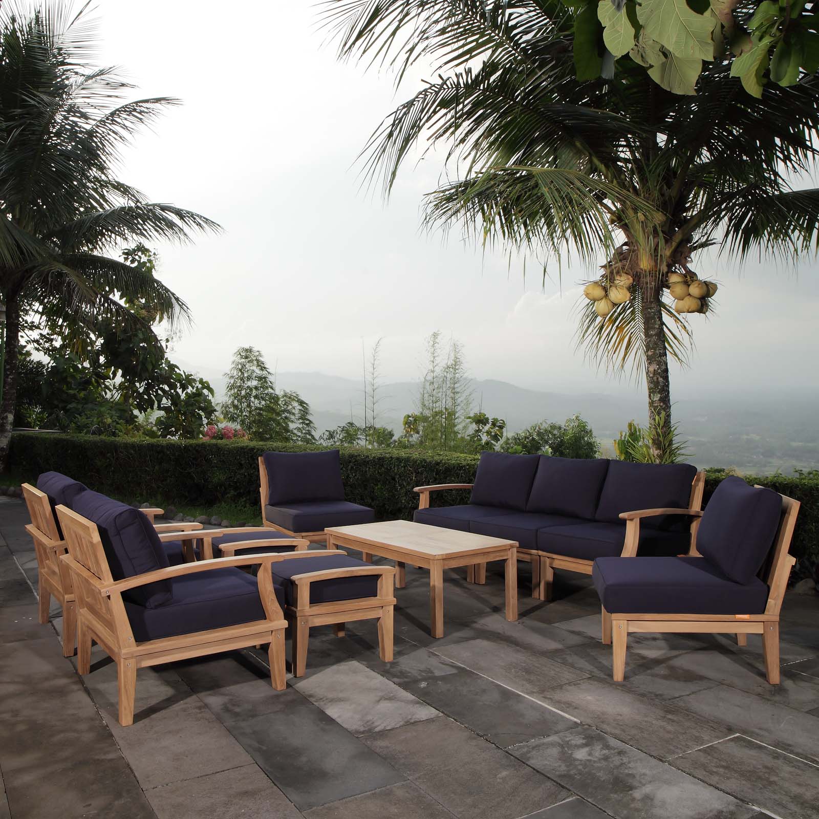 EEI-1480 Marina 10-Piece Premium Teak Outdoor Patio Furniture Set with All-Weather-Resistant Cushions
