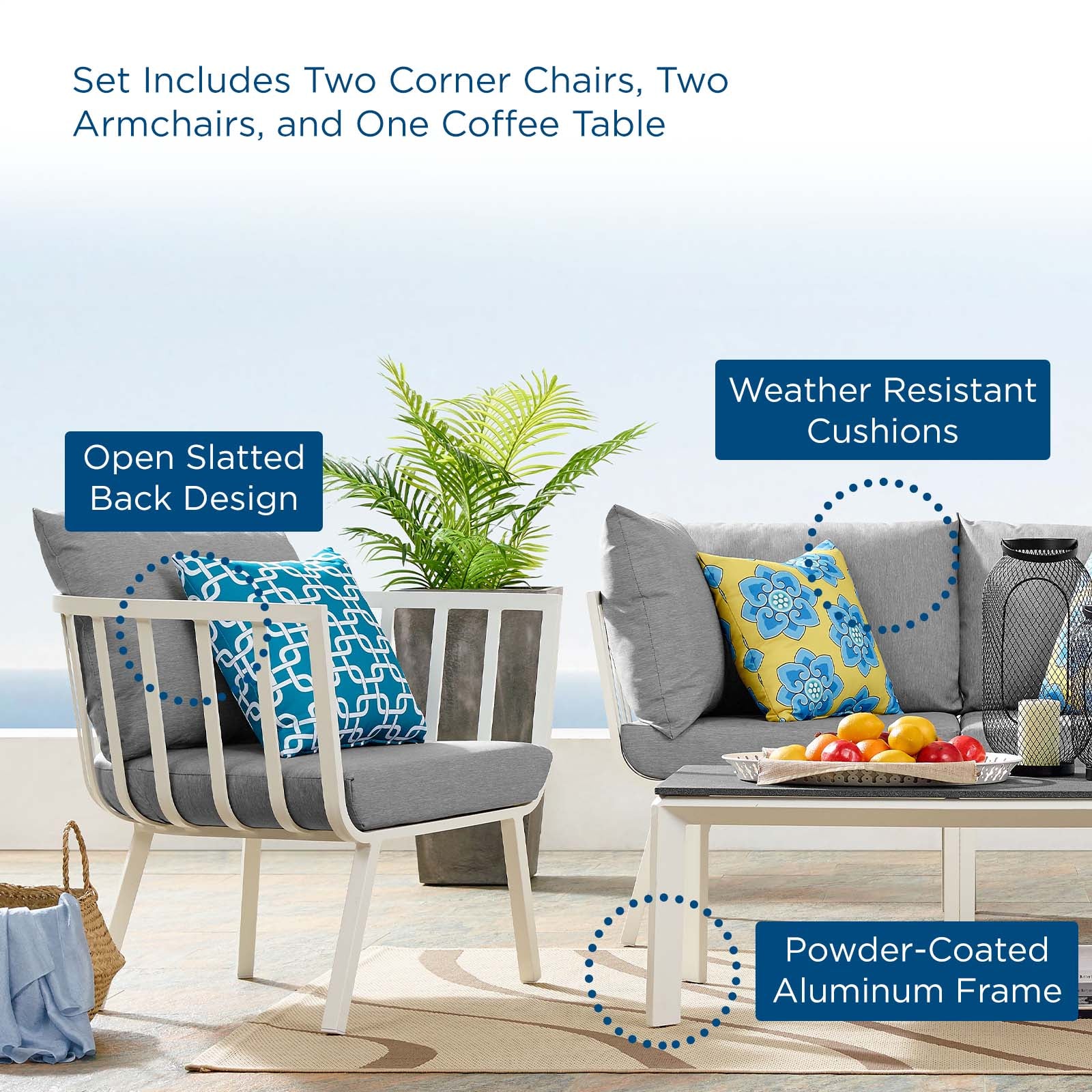 Stylish Riverside 5 Piece Outdoor Patio Aluminum Loveseat Set with Comfortable Plush Cushions for Memorable Gatherings