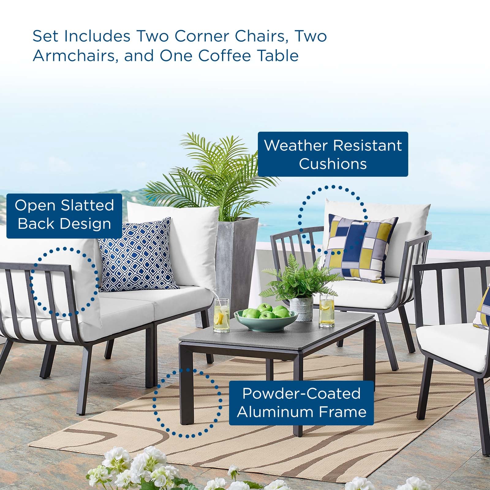Stylish Riverside 5 Piece Outdoor Patio Aluminum Loveseat Set with Comfortable Plush Cushions for Memorable Gatherings