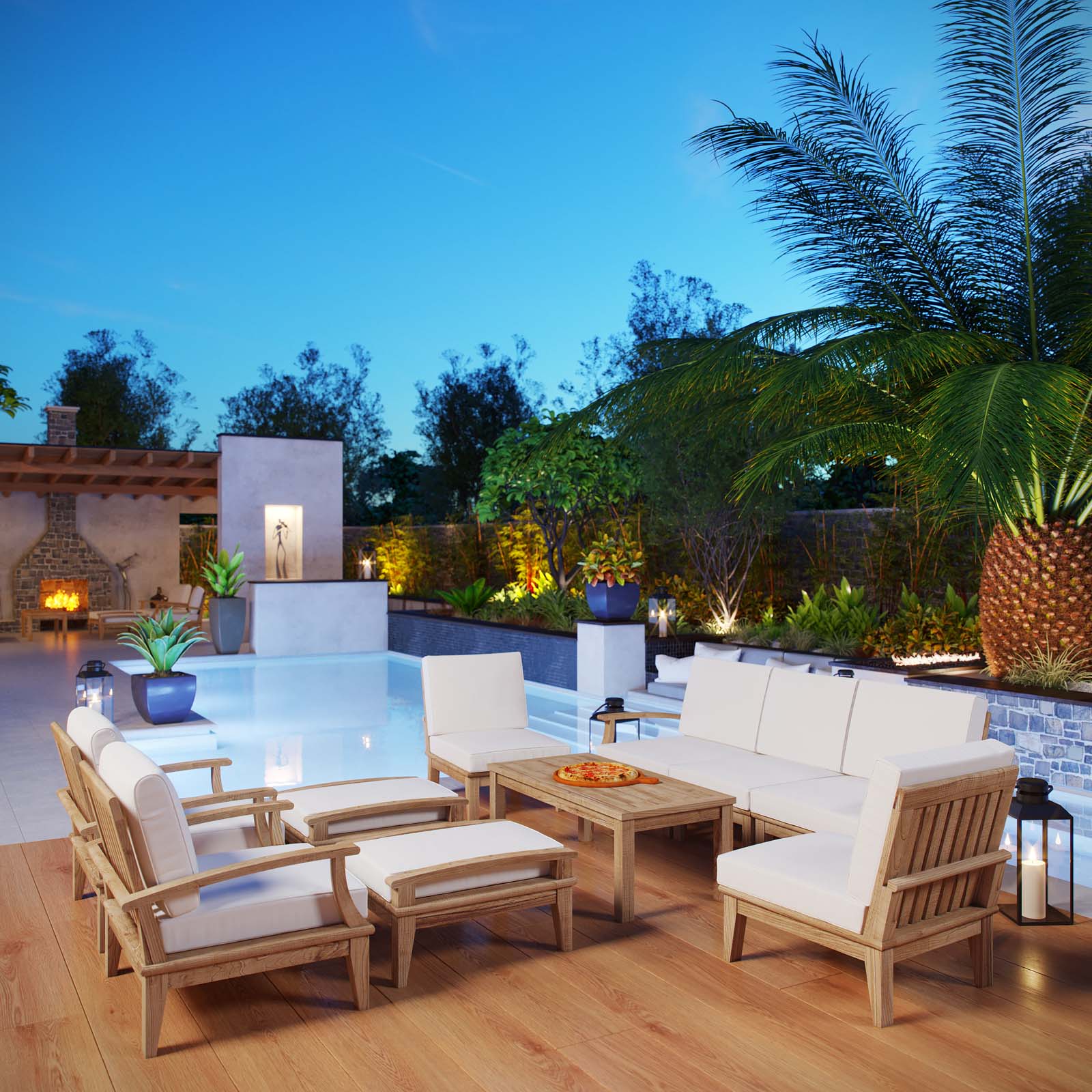 EEI-1480 Marina 10-Piece Premium Teak Outdoor Patio Furniture Set with All-Weather-Resistant Cushions