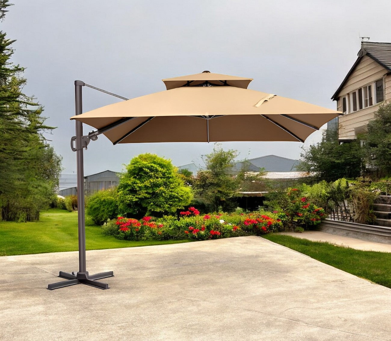 10' Tan Polyester Square Tilt Cantilever Patio Umbrella with Stand for Stylish Shade Solutions