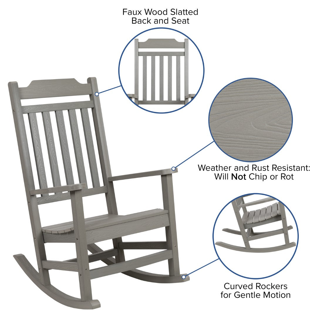 Premium Set of Two All-Weather UV-Resistant Poly Resin Rocking Chairs with an Adirondack Style Side Table for Indoor and Outdoor Use