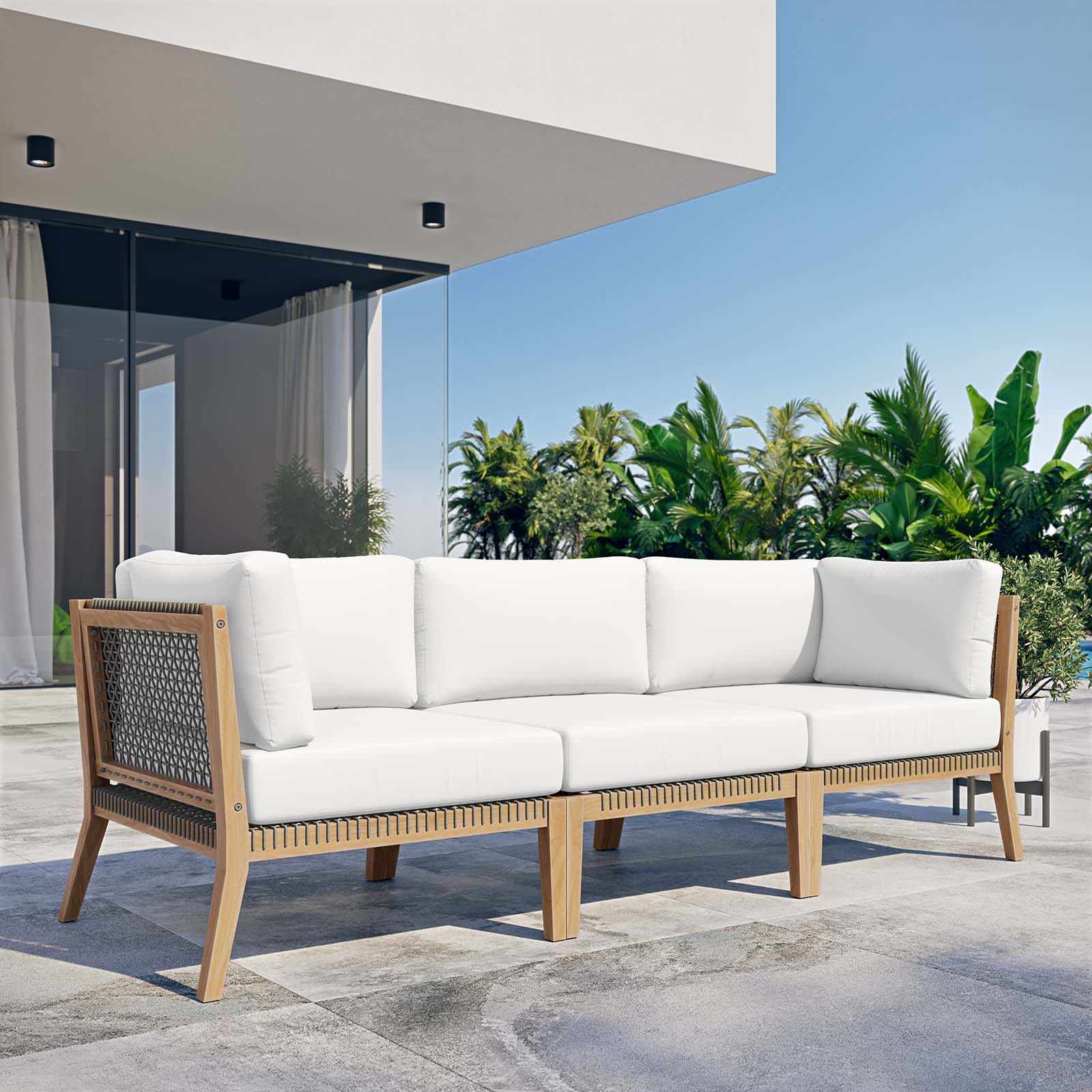 Clearwater Premium Teak Outdoor Patio Sofa with Stylish Rope Webbing and Comfort Cushions