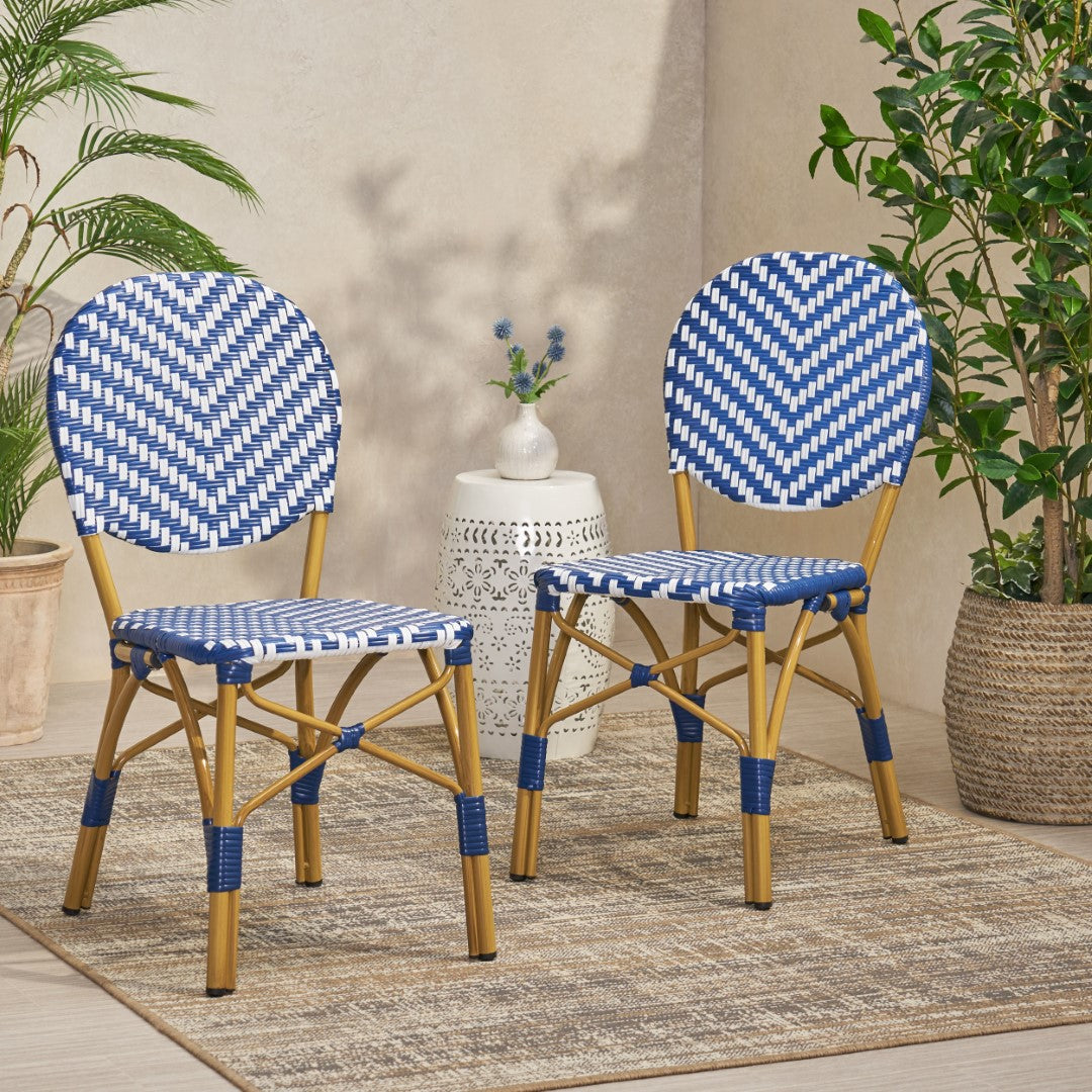 Christopher Knight Home® Picardy Outdoor Aluminum French Bistro Chairs, Navy Blue, White, and Bamboo Finish - Set of 2