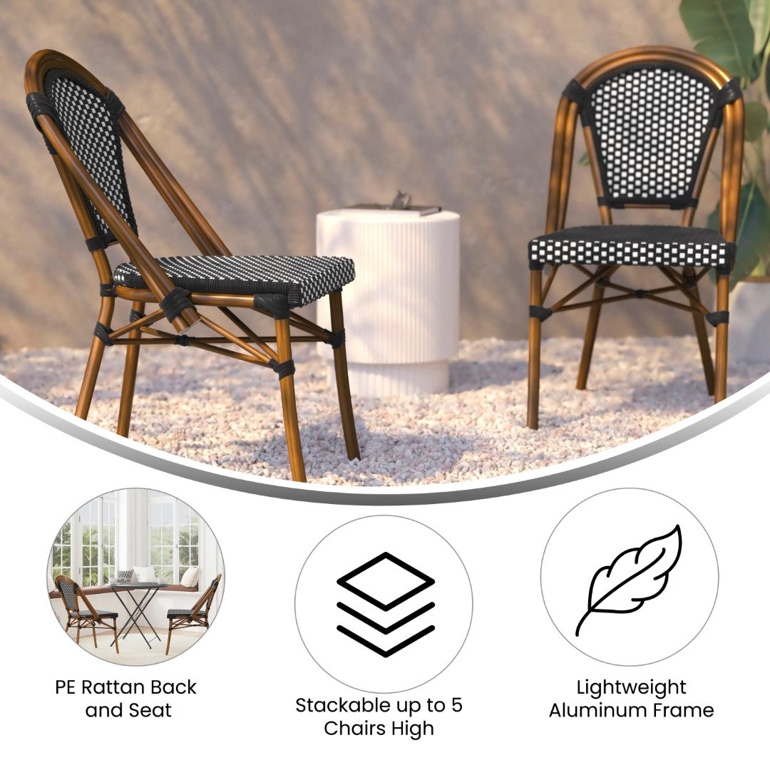 Commercial-Grade Set of Two Indoor/Outdoor Commercial French Bistro Stackable Chairs with White Polyethylene Rattan Back and Seat and Natural Bamboo-Printed Aluminum Frame