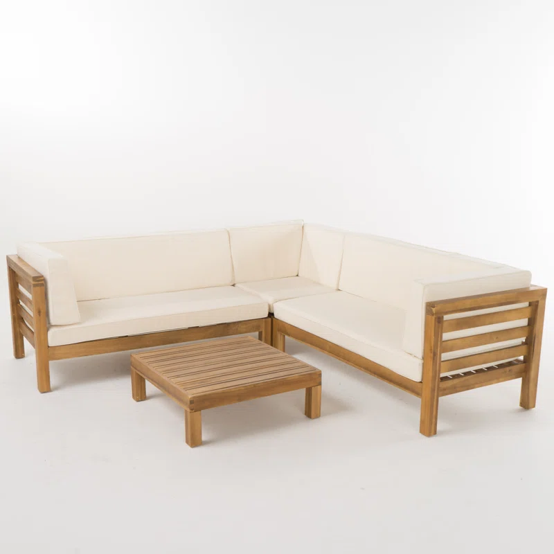 Christopher Knight Home® Outdoor Beige Wooden Sectional Sofa Set with Comfortable Cushions