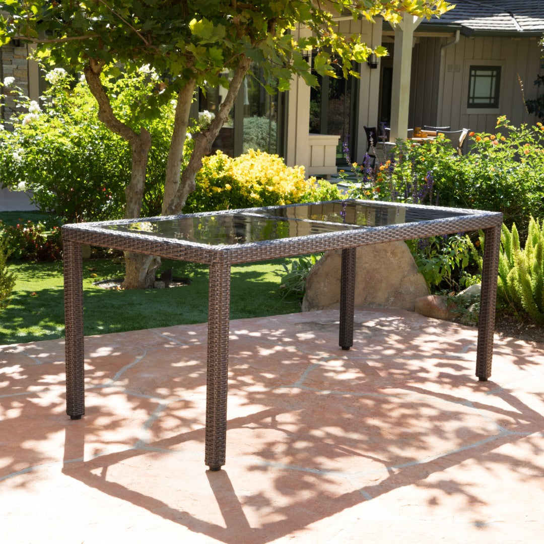 Christopher Knight Home® San Pico Outdoor Multibrown Wicker Rectangular Dining Table with Tempered Glass Top