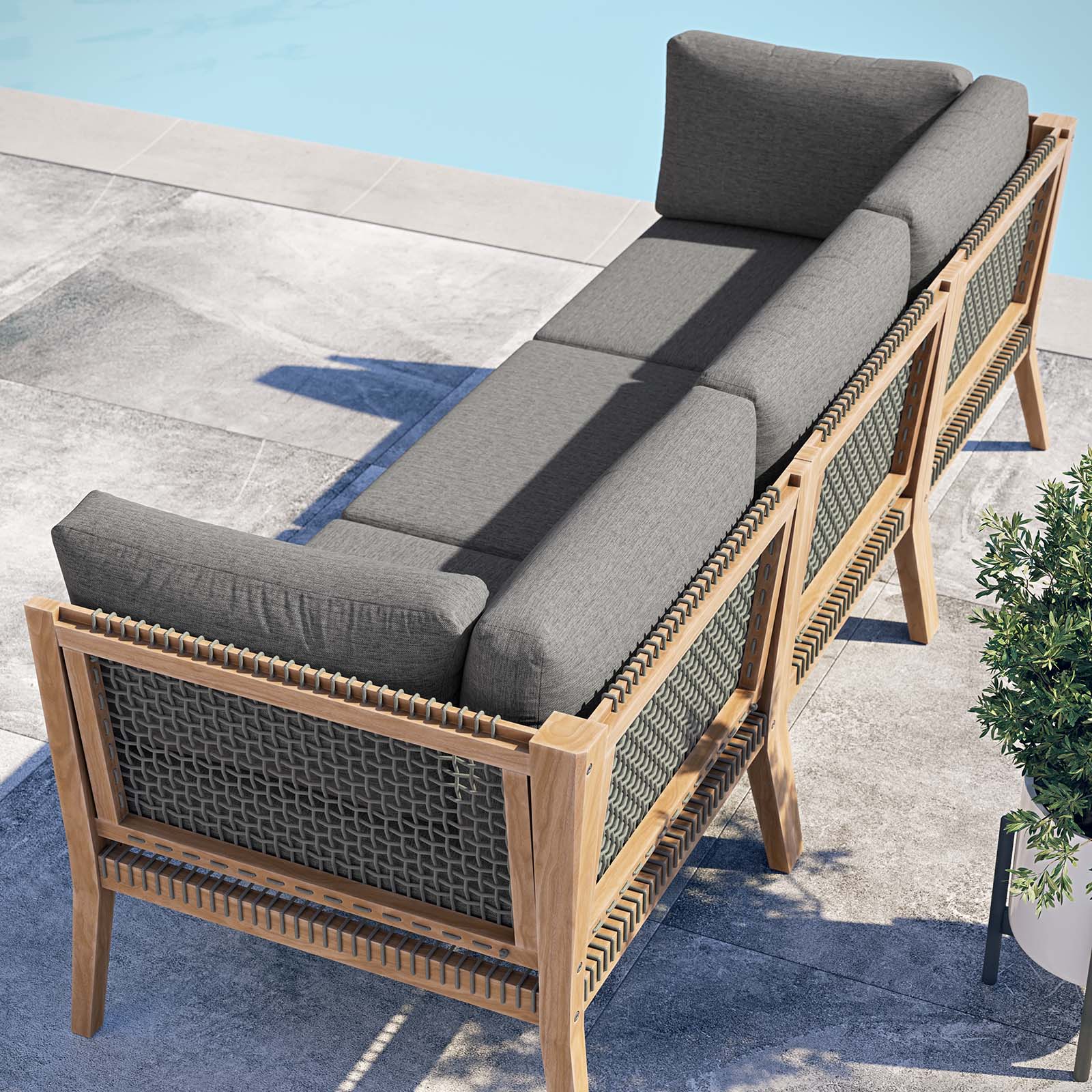 Clearwater Premium Teak Outdoor Patio Sofa with Stylish Rope Webbing and Comfort Cushions
