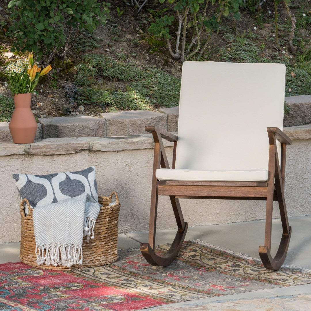 Christopher Knight Home® Gus Acacia Wood Outdoor Rocking Chair with Comfortable Cushion: A Durable, Safe, and Stylish Seating Option for Relaxation