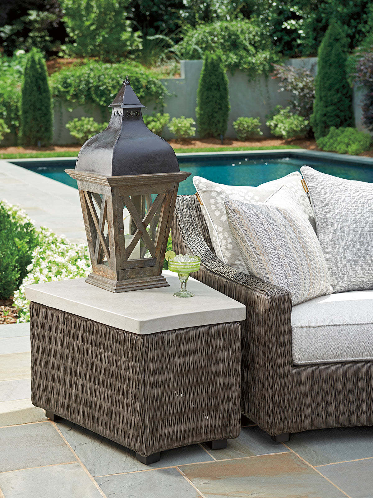 Tommy Bahama 3900 - 950 All - Weather Outdoor Accent Table with Wicker and Weatherstone Top