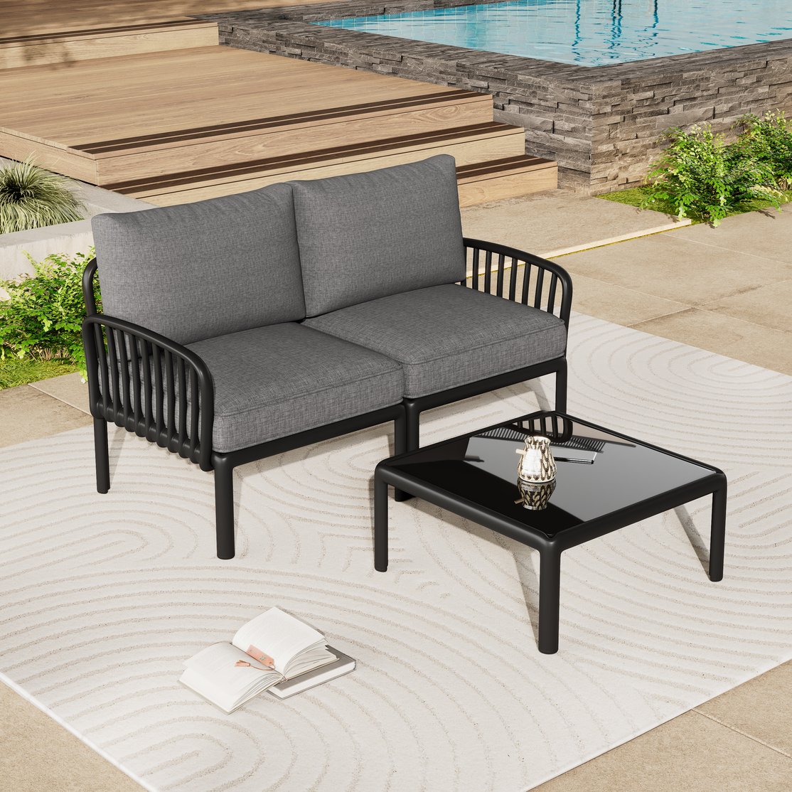 Christopher Knight Home® 3 Piece Patio Conversation Set - Modern Outdoor Sectional with Thick Cushions & Square Coffee Table