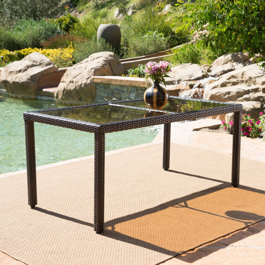 Christopher Knight Home® San Pico Outdoor Multibrown Wicker Rectangular Tempered Glass Top Dining Table for Backyard, Patio, and Garden Use
