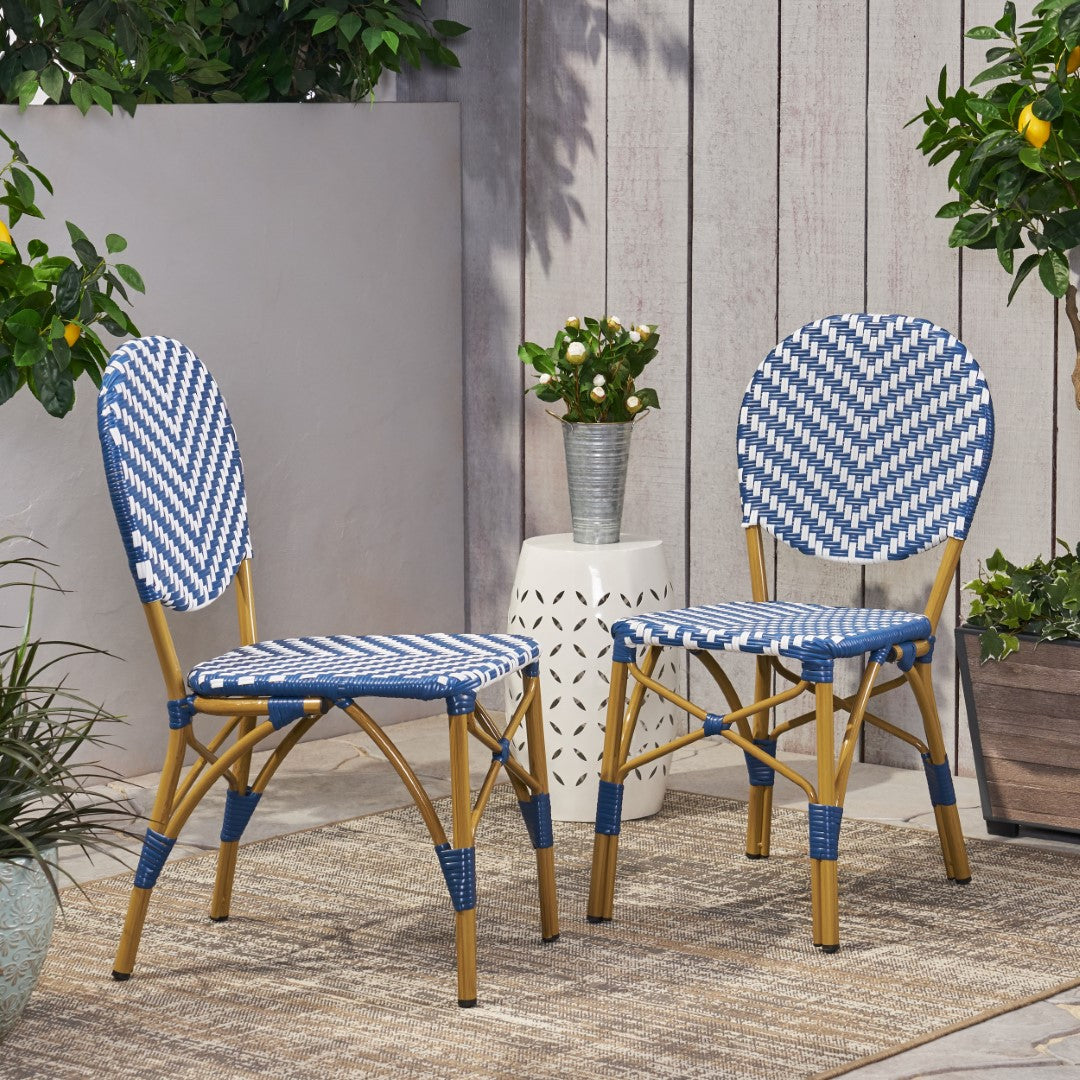 Christopher Knight Home® Picardy 2-Piece Outdoor Aluminum French Bistro Chairs in Navy, White & Bamboo Finish