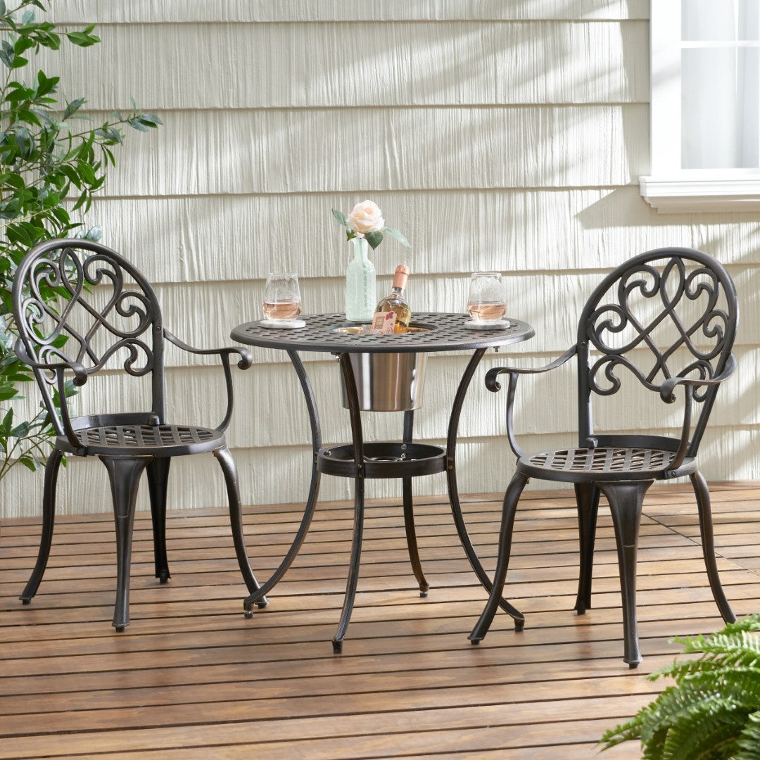 Christopher Knight Home® Angeles Outdoor Cast Aluminum Bistro Dining Set with Integrated Ice Bucket for Al Fresco Meals
