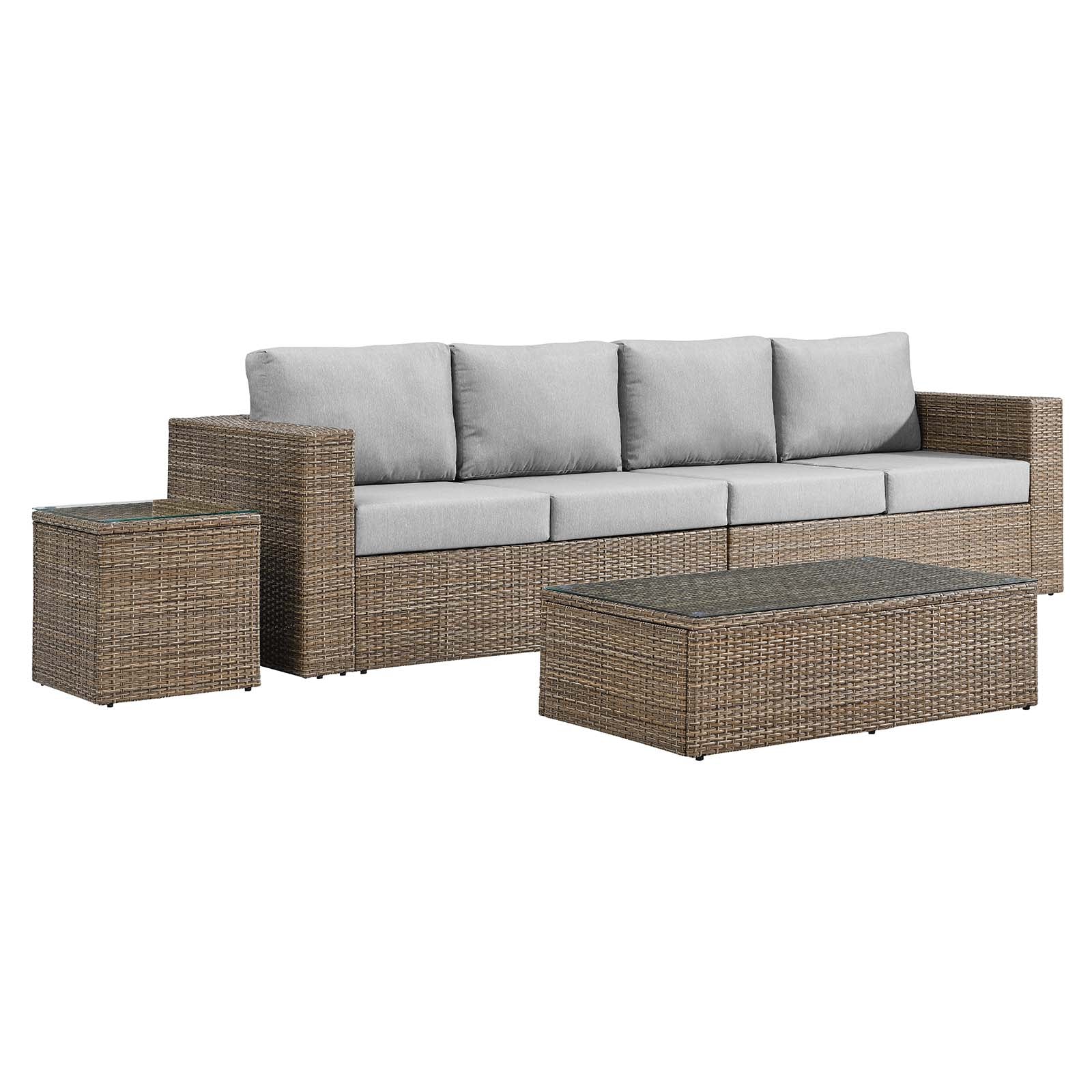 Convene Outdoor Patio 4-Piece Furniture Set - Elegant Synthetic Rattan Weave Design, All-Weather Resistant Cushions and Tempered Glass Top Table for Outdoor Spaces