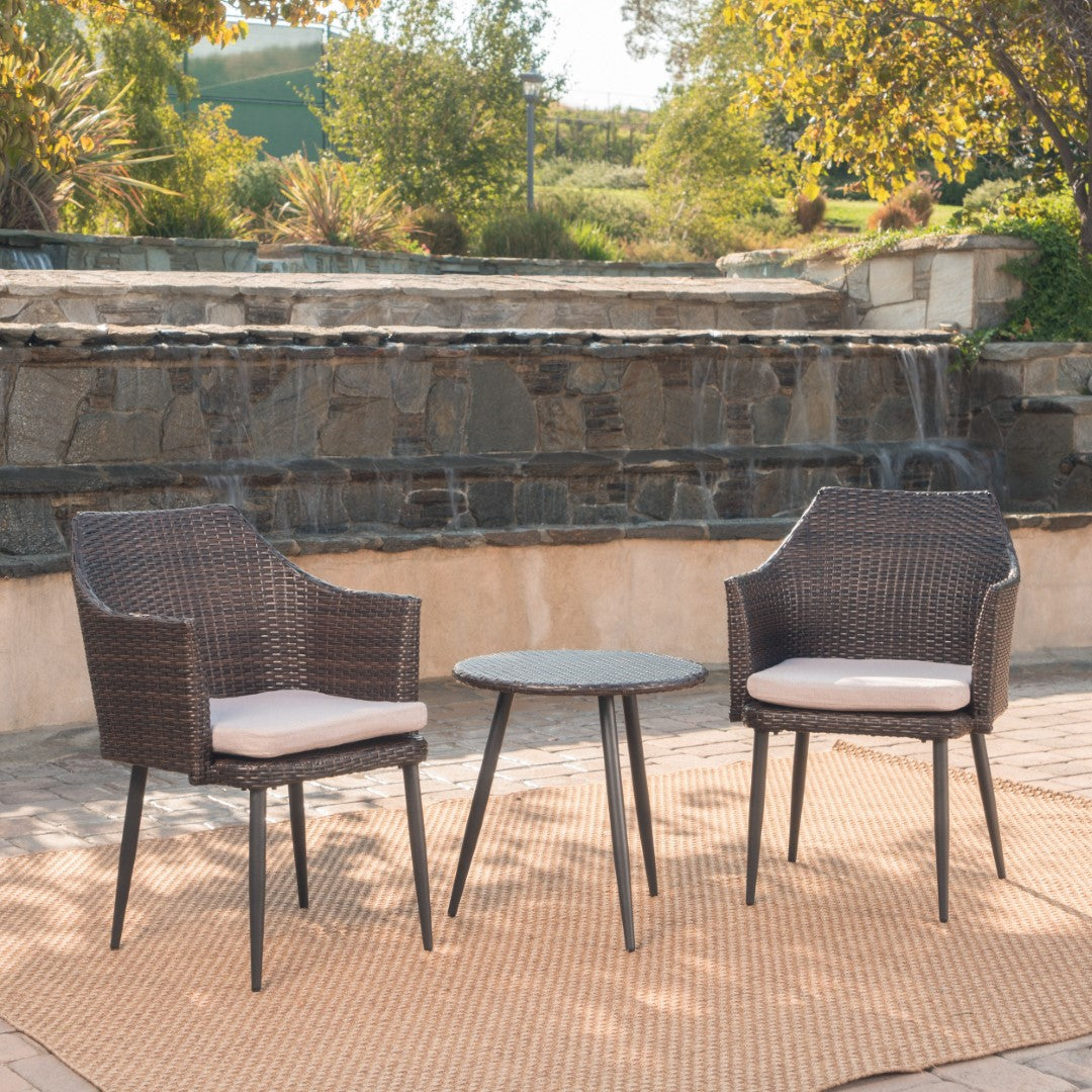 Christopher Knight Home® Iona Three - Piece Outdoor Wicker Conversation Set in Multi - Brown Shades with Dark Brown - Finished Metal Legs and Beige - Colored Cushions