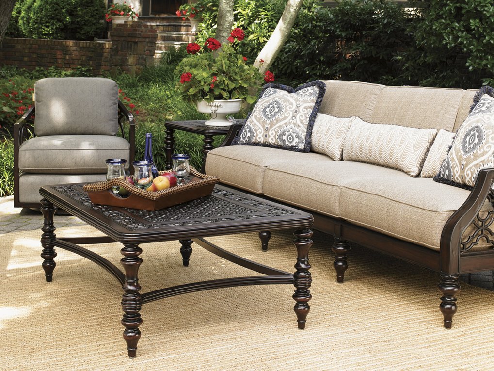 Tommy Bahama Premium Outdoor Elegant Rectangular Cocktail Table - 3235 - 945 with Custom - Made Cast Aluminum Design and Intricate Quatrefoil Pattern