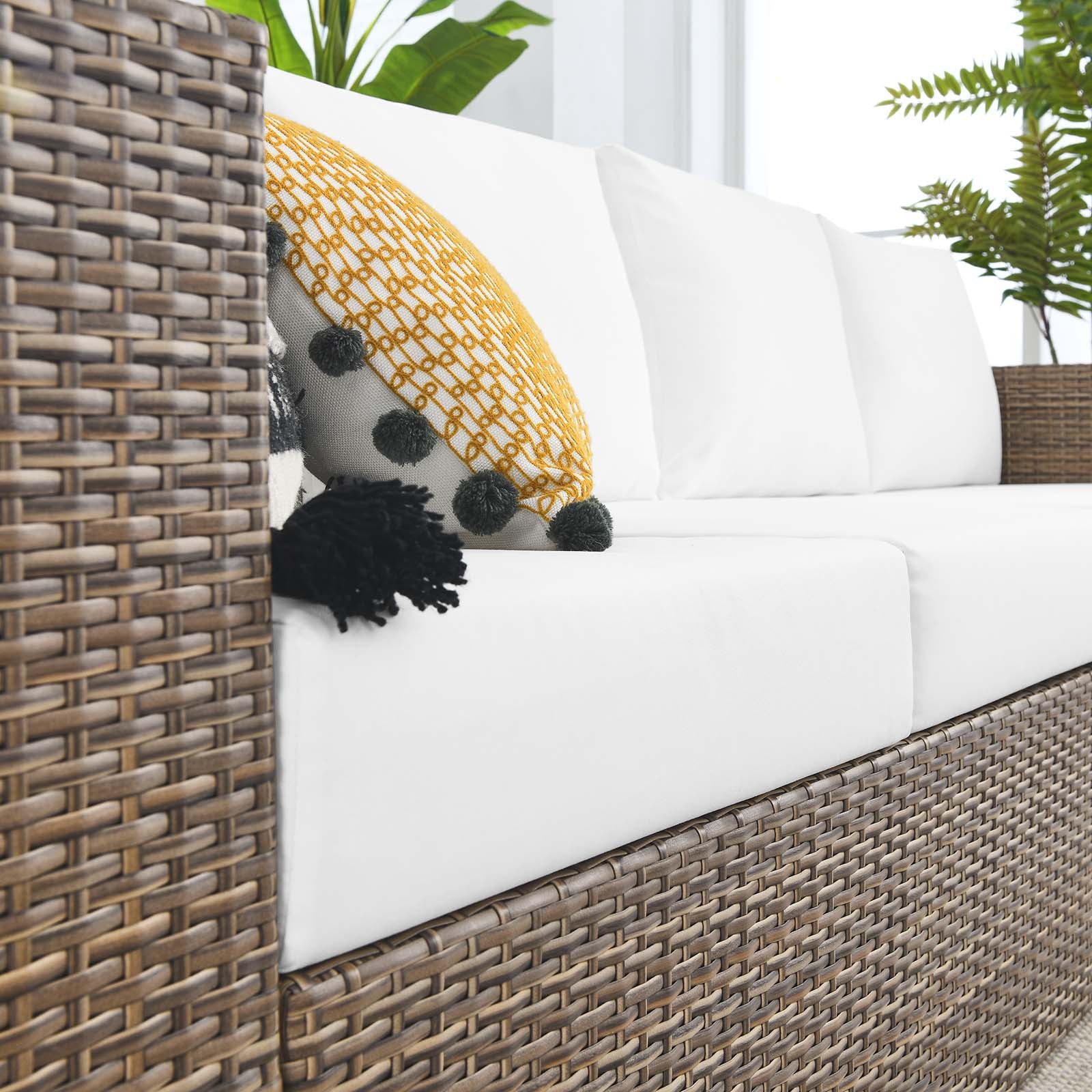 Convene Outdoor Patio 4-Piece Furniture Set - Elegant Synthetic Rattan Weave Design, All-Weather Resistant Cushions and Tempered Glass Top Table for Outdoor Spaces