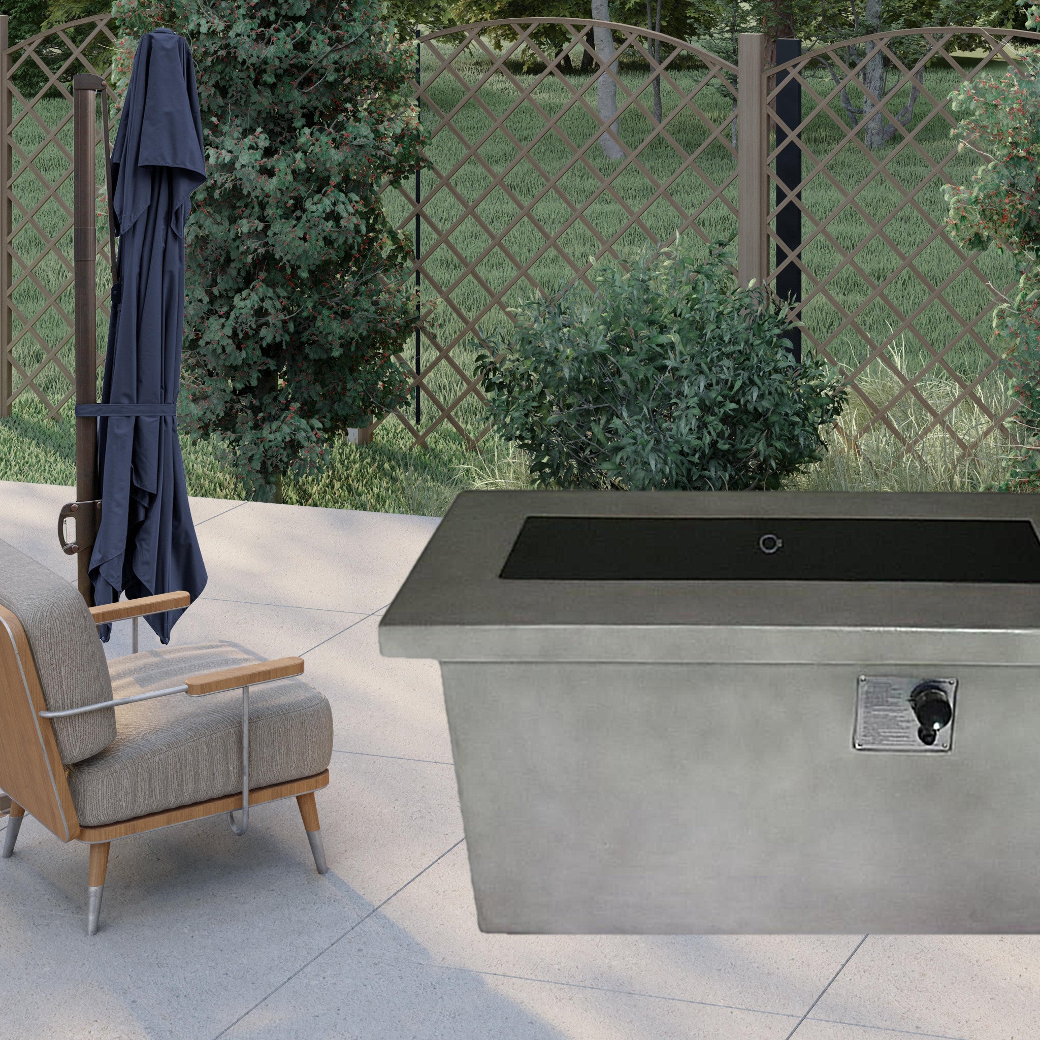 Stylish Rectangular Grey Cement Propane Gas Fire Pit with Lava Rocks & Control Panel