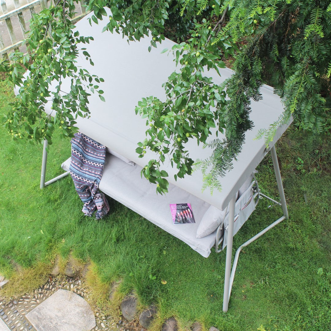 Champagne-Colored Outdoor Patio 3-Seater Metal Swing Bed with Adjustable Canopy and Cushions