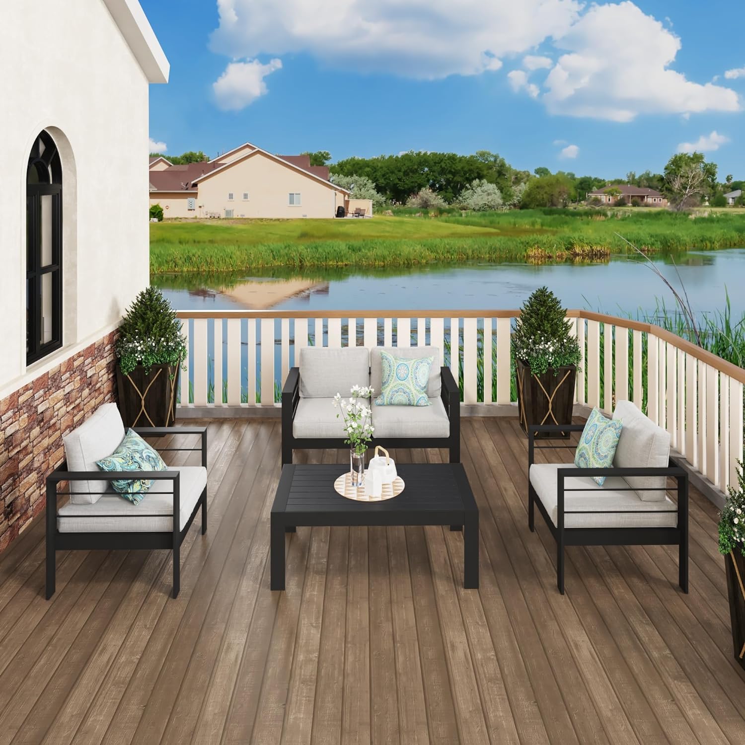 Light Gray All-Weather Outdoor Metal Aluminum Patio Loveseat Sofa with Five Thick Comfortable Cushions