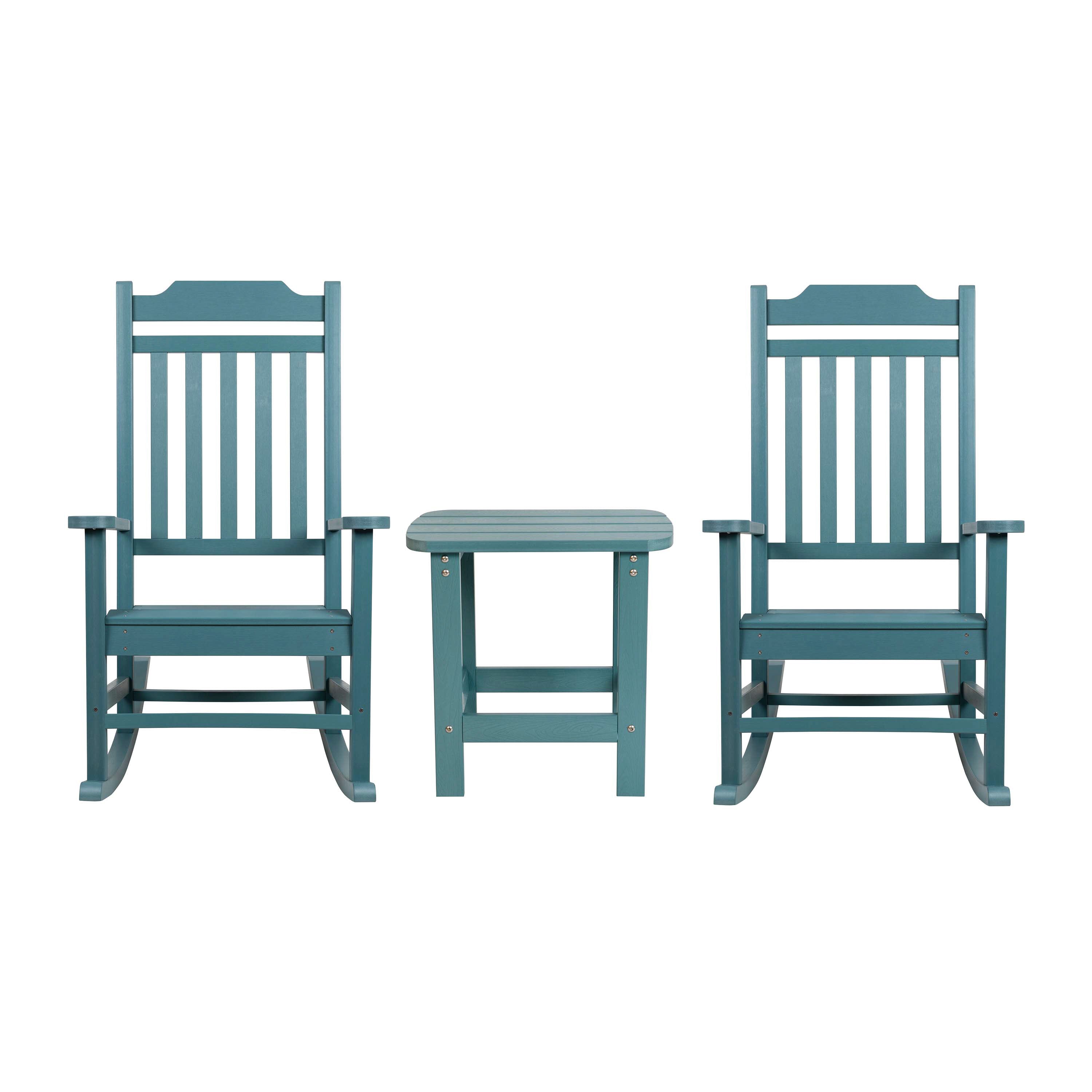 Premium Set of Two All-Weather UV-Resistant Poly Resin Rocking Chairs with an Adirondack Style Side Table for Indoor and Outdoor Use