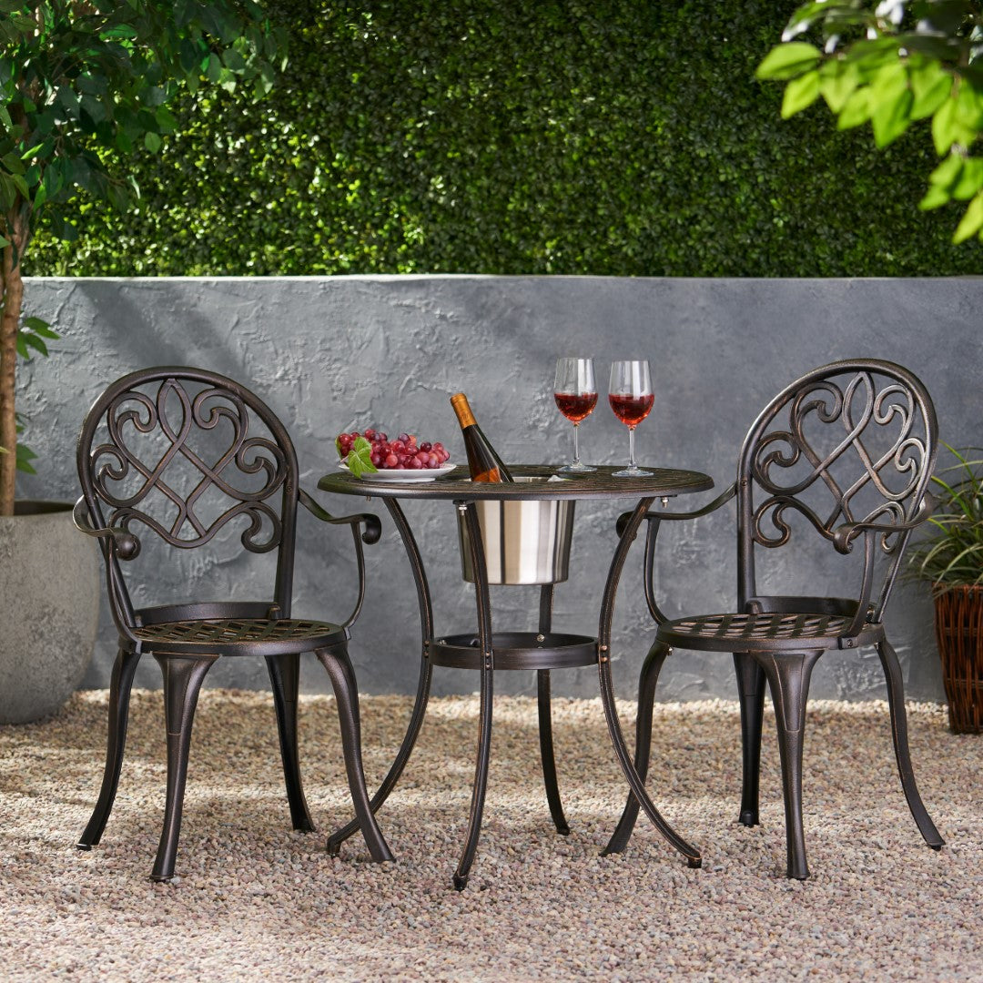 Christopher Knight Home® Angeles Outdoor Cast Aluminum Bistro Dining Set with Integrated Ice Bucket for Al Fresco Meals