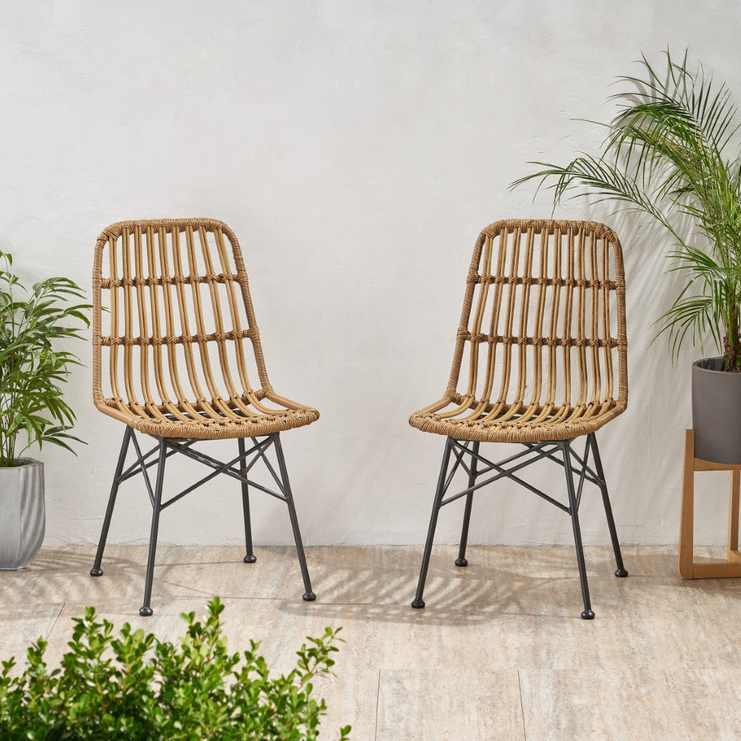 Christopher Knight Home® Set of 2 Modern Indoor Rattan and Iron Dining Chairs in Light Brown and Black