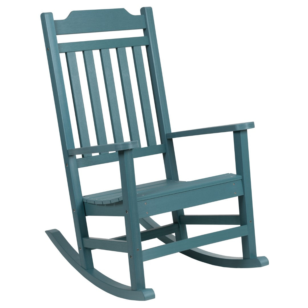Premium Set of Two All-Weather UV-Resistant Poly Resin Rocking Chairs with an Adirondack Style Side Table for Indoor and Outdoor Use