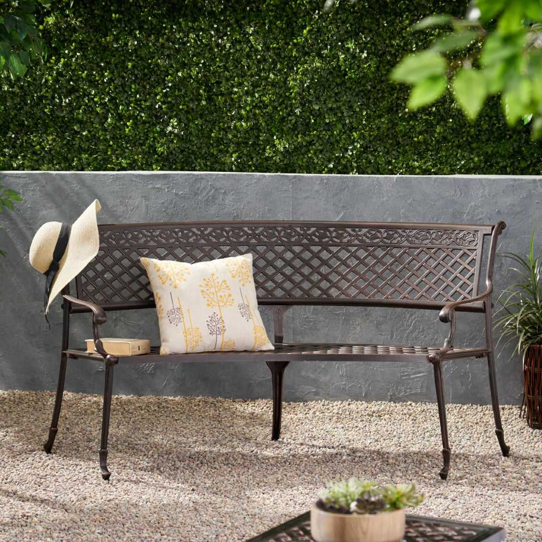 Christopher Knight Home® Tahoe Sector Outdoor Curved Loveseat Bench with Copper Finish - Sturdy Aluminum Construction, Diamond-Cross Design - 65.00 x 27.00 x 32.75