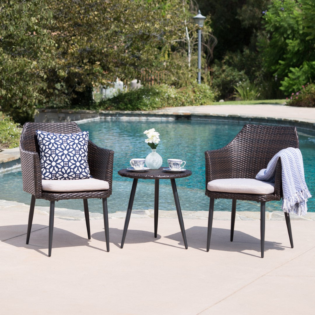 Christopher Knight Home® Iona 3 Piece Outdoor Wicker Chat Set, Multibrown with Dark Brown Metal Legs & Beige Cushions