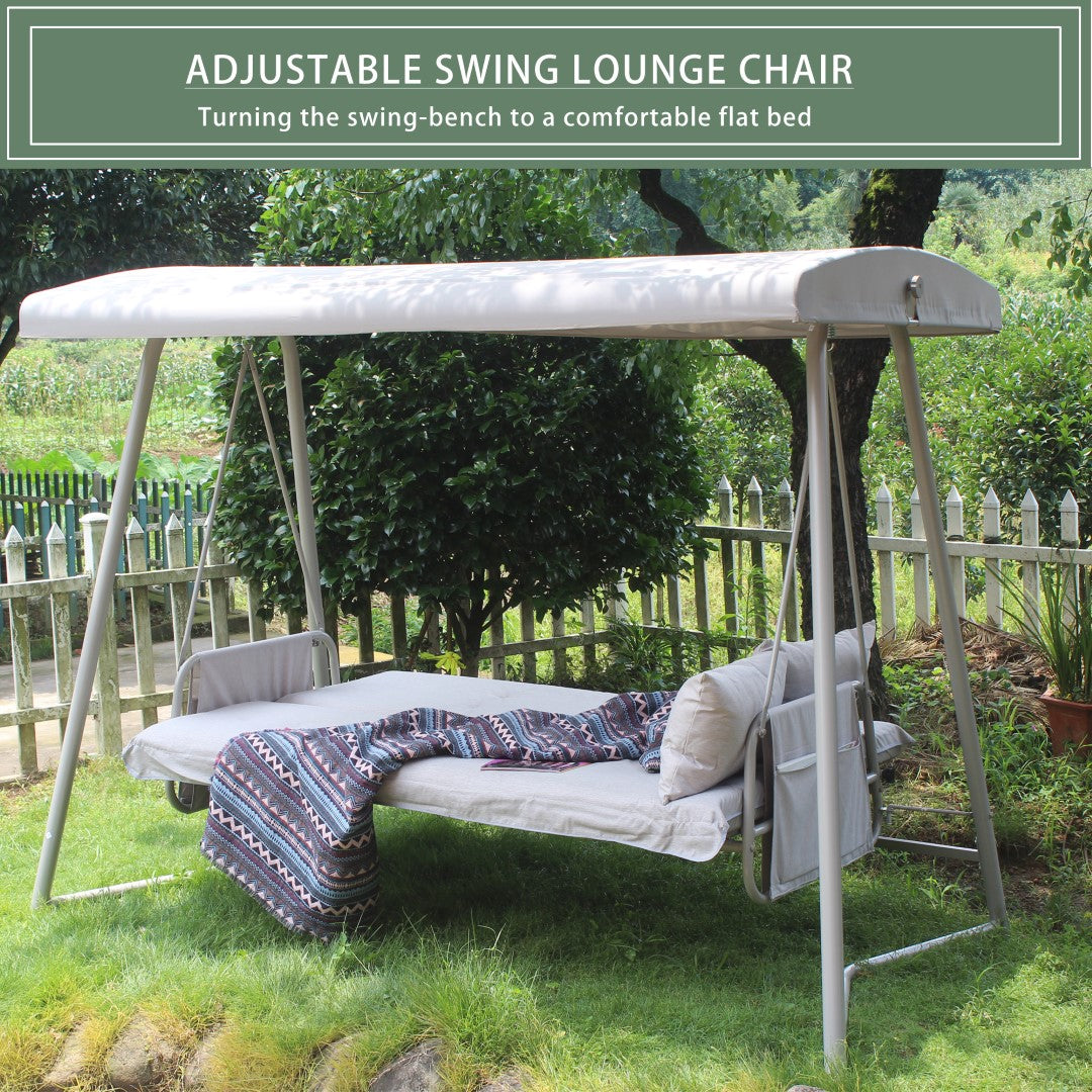 Outdoor Patio 3 Seaters Metal Swing Bed with Cushion, Adjustable Canopy - Champagne Color