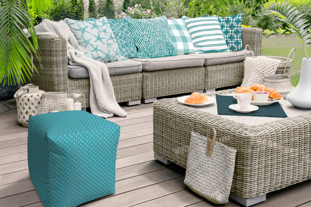 Stylish and Comfortable Turquoise Indoor-Outdoor Polka Dot Pouf Ottoman for Home Decor and Patio Relaxation