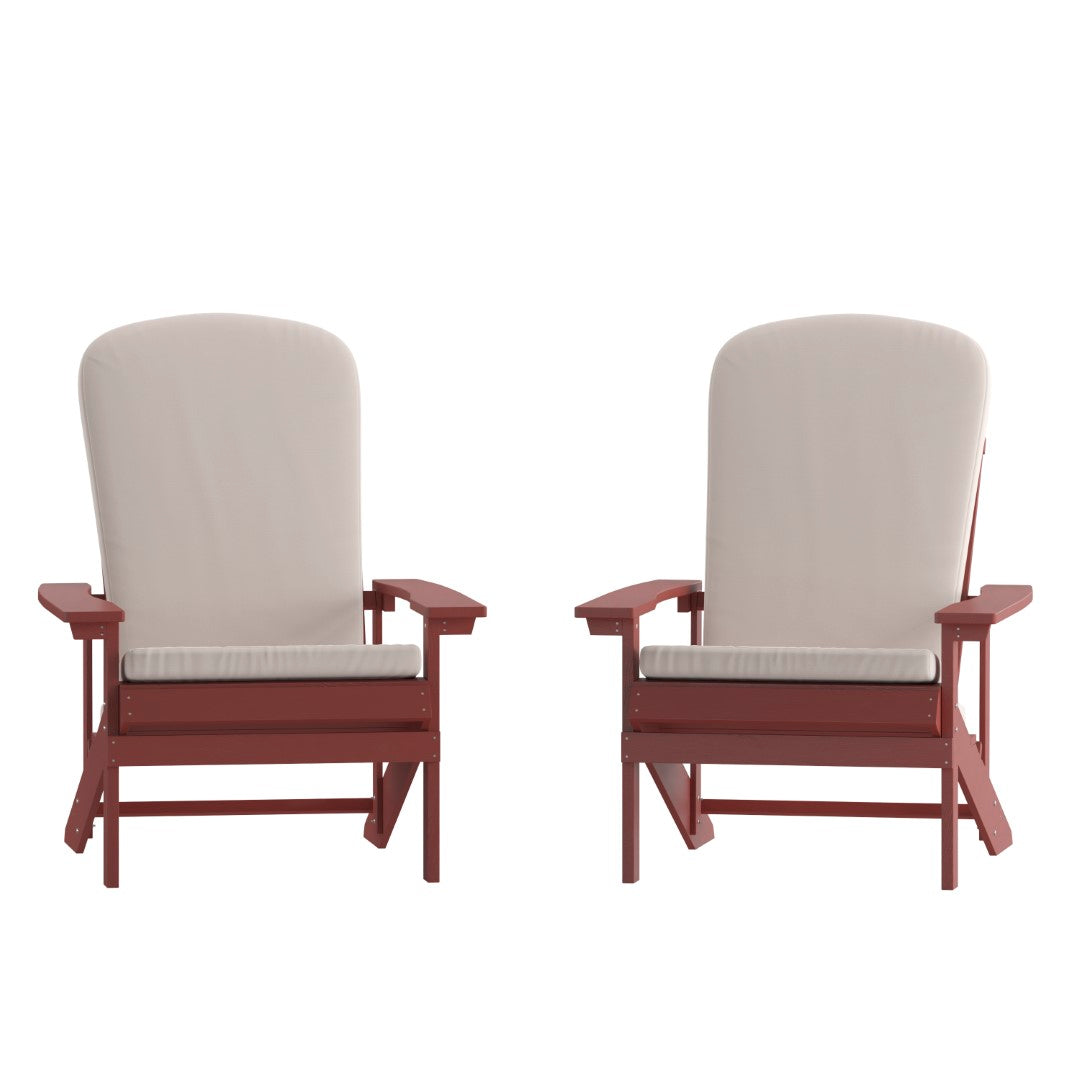 Commercial - Grade Outdoor Set of Two All - Weather Poly Resin Wood Adirondack Chairs Equipped with Cream - Colored Cushions Ideal for Decks, Porches, and Patios