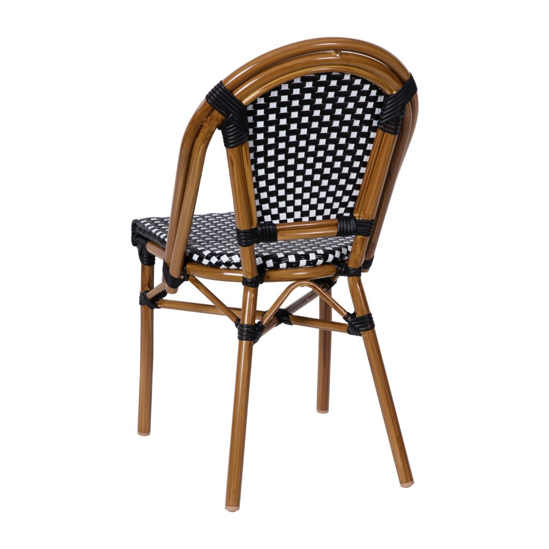 Commercial-Grade Set of Two Indoor/Outdoor Commercial French Bistro Stackable Chairs with White Polyethylene Rattan Back and Seat and Natural Bamboo-Printed Aluminum Frame