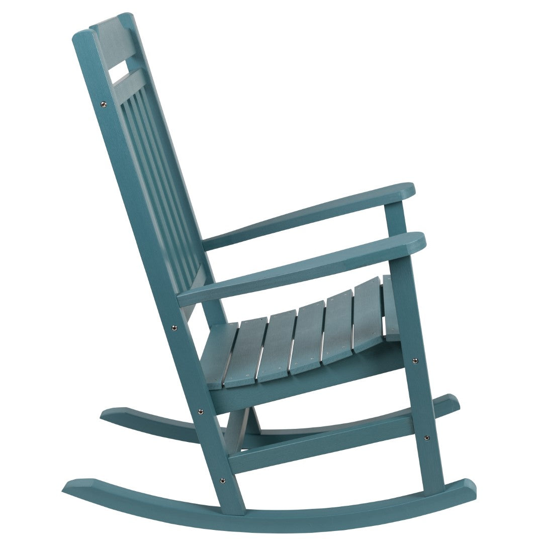 Premium Set of Two All-Weather UV-Resistant Poly Resin Rocking Chairs with an Adirondack Style Side Table for Indoor and Outdoor Use