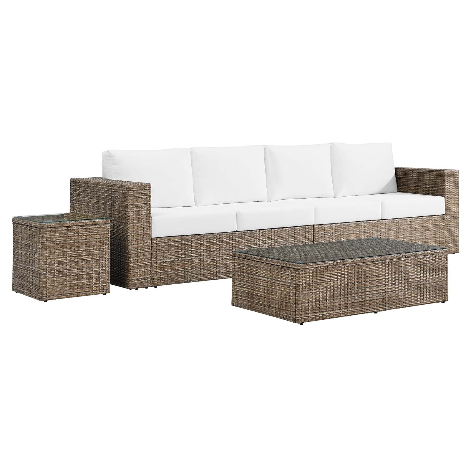 Convene Outdoor Patio 4-Piece Furniture Set - Elegant Synthetic Rattan Weave Design, All-Weather Resistant Cushions and Tempered Glass Top Table for Outdoor Spaces