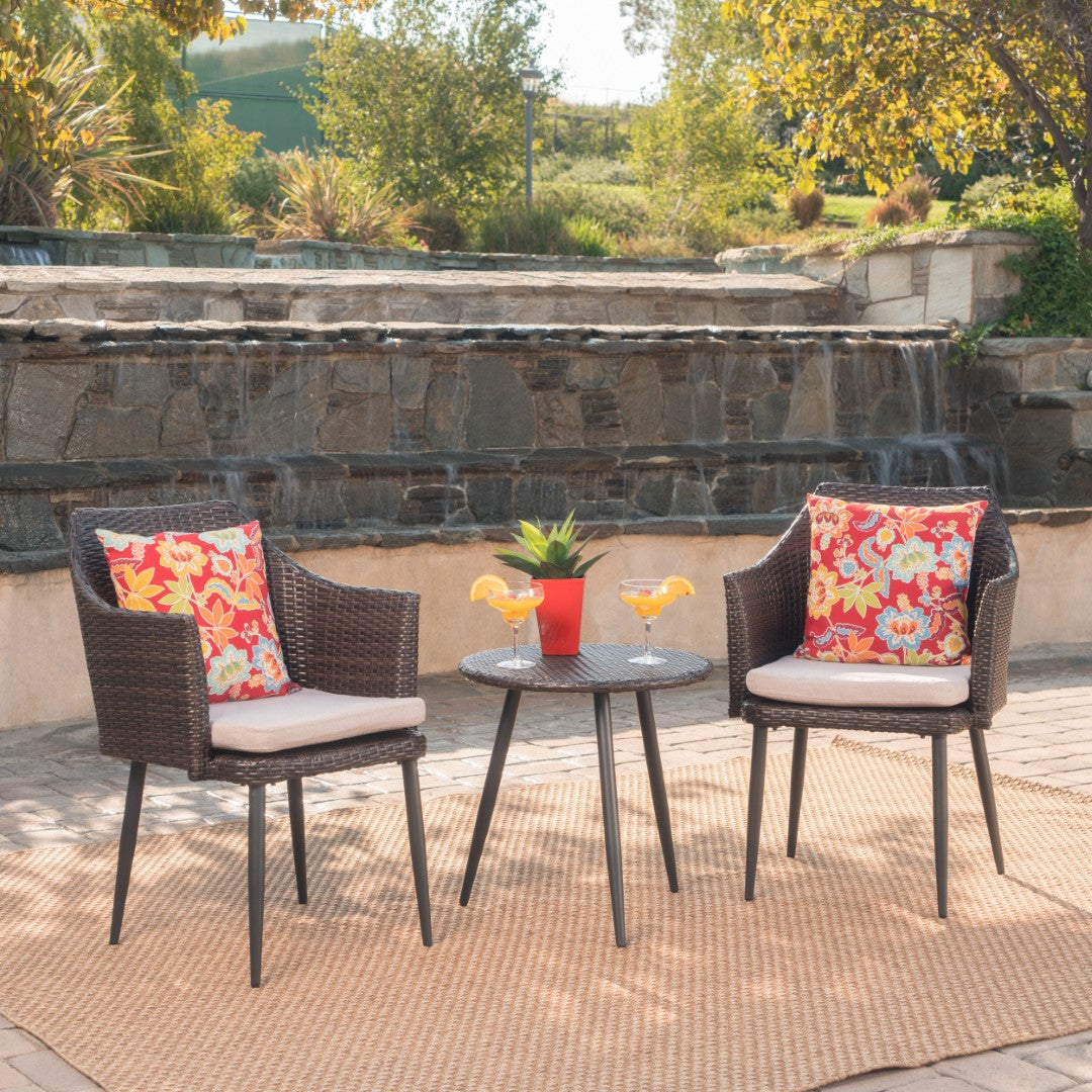 Christopher Knight Home® Iona Three - Piece Outdoor Wicker Conversation Set in Multi - Brown Shades with Dark Brown - Finished Metal Legs and Beige - Colored Cushions
