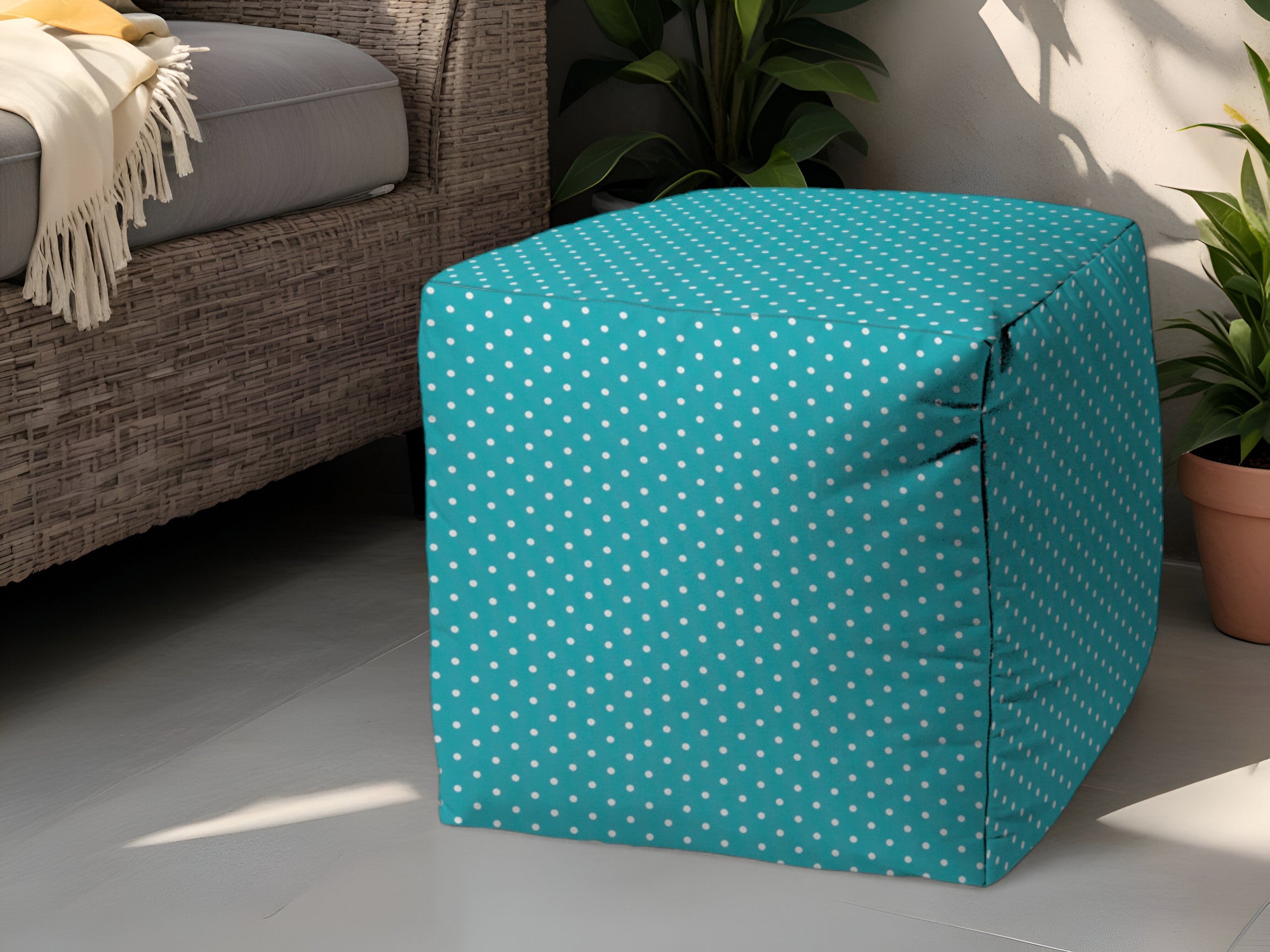 Stylish and Comfortable Turquoise Indoor-Outdoor Polka Dot Pouf Ottoman for Home Decor and Patio Relaxation