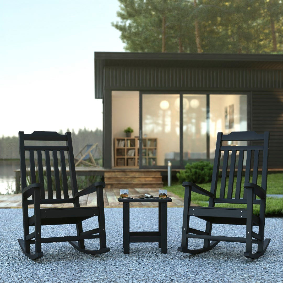 Set of 2 All-Weather Rocking Chairs with Side Table - UV Treated Poly Resin