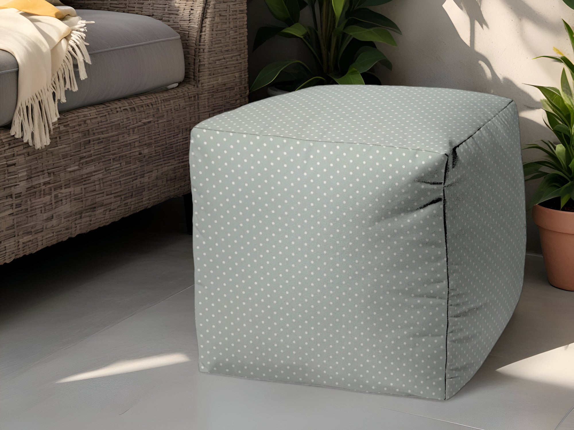 Stylish and Comfortable Turquoise Indoor-Outdoor Polka Dot Pouf Ottoman for Home Decor and Patio Relaxation