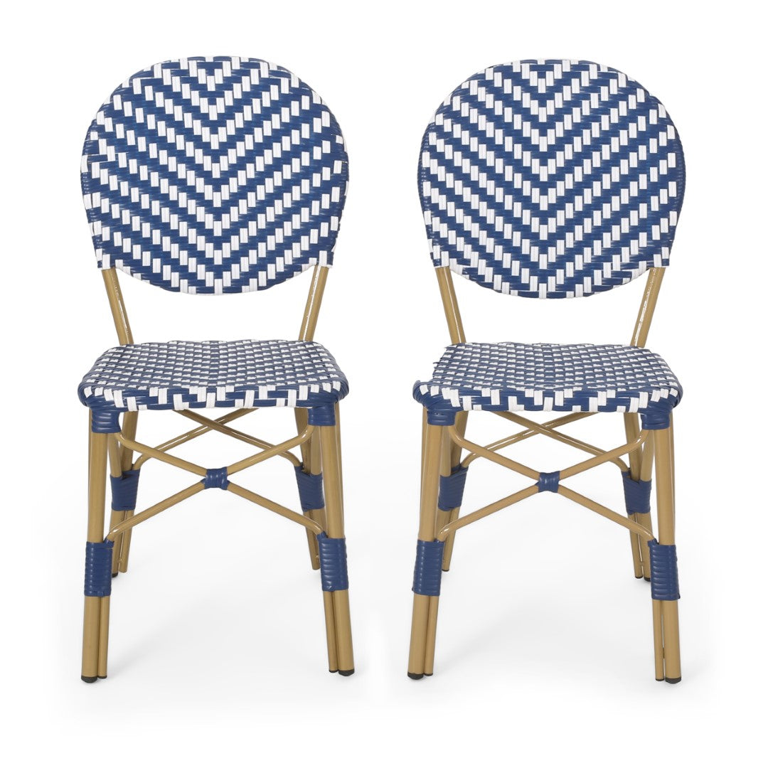 Christopher Knight Home® Picardy 2-Piece Outdoor Aluminum French Bistro Chairs in Navy, White & Bamboo Finish