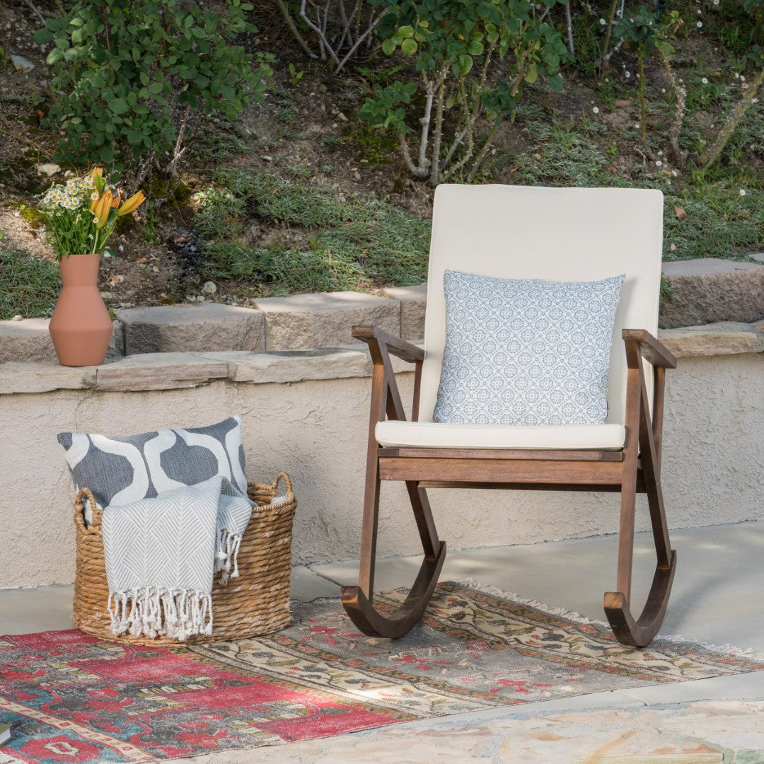 Christopher Knight Home® Gus Acacia Wood Outdoor Rocking Chair with Comfortable Cushion: A Durable, Safe, and Stylish Seating Option for Relaxation