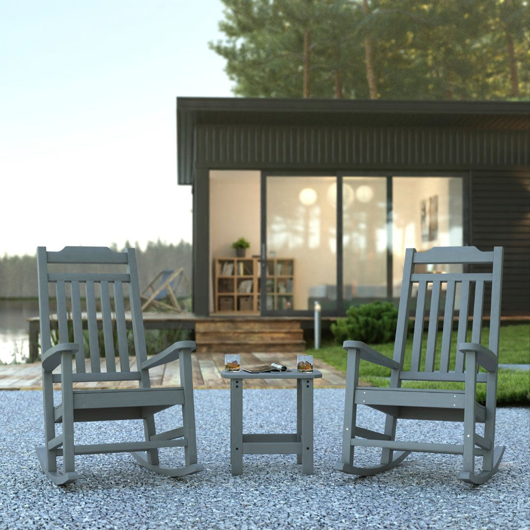 Premium Set of Two All-Weather UV-Resistant Poly Resin Rocking Chairs with an Adirondack Style Side Table for Indoor and Outdoor Use