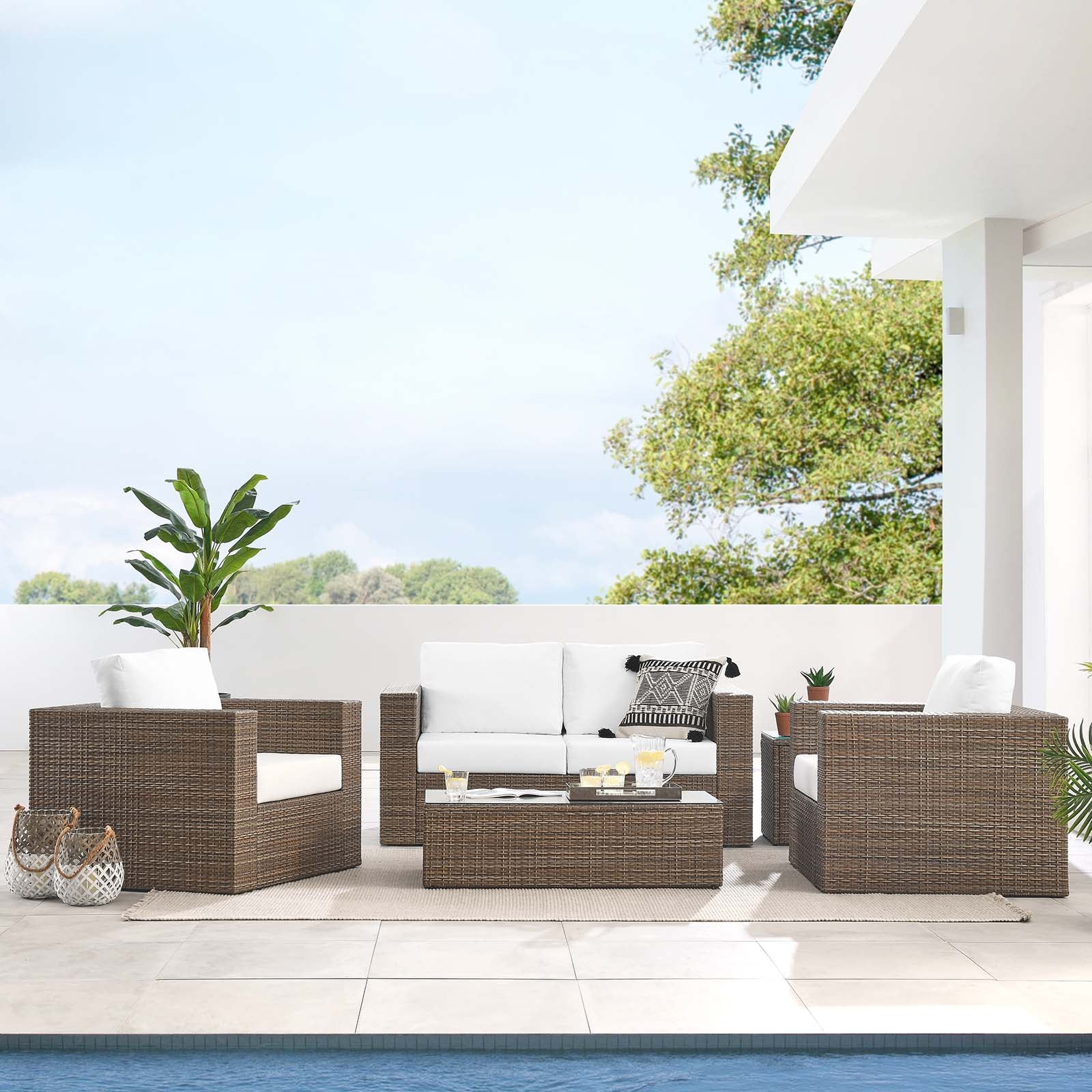 Convene Outdoor Patio 4-Piece Furniture Set - Elegant Synthetic Rattan Weave Design, All-Weather Resistant Cushions and Tempered Glass Top Table for Outdoor Spaces
